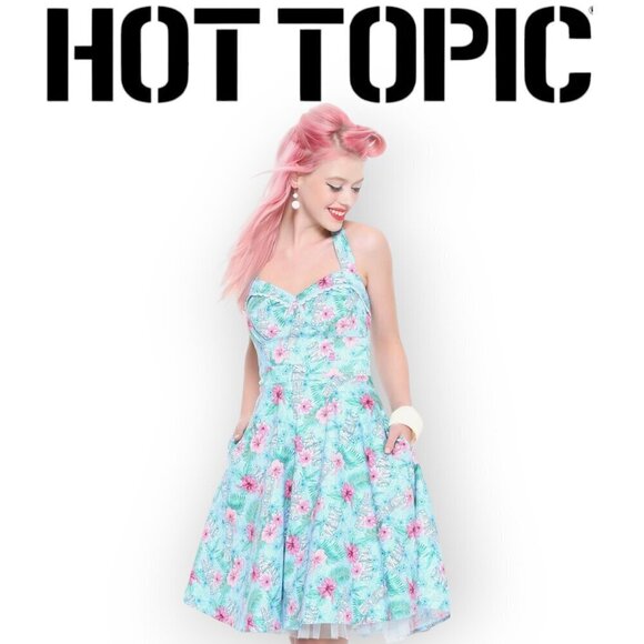 Hot Topic Fit and Flare Hawaiian Tiki Dress XS Blue Floral Halter Swing Retro - Picture 1 of 13